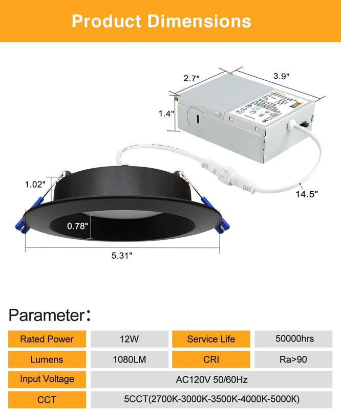 4" Dimmable LED Downlight, 5CCT, 12W, 1080LM, ETL Certified - 12 Pack gallery