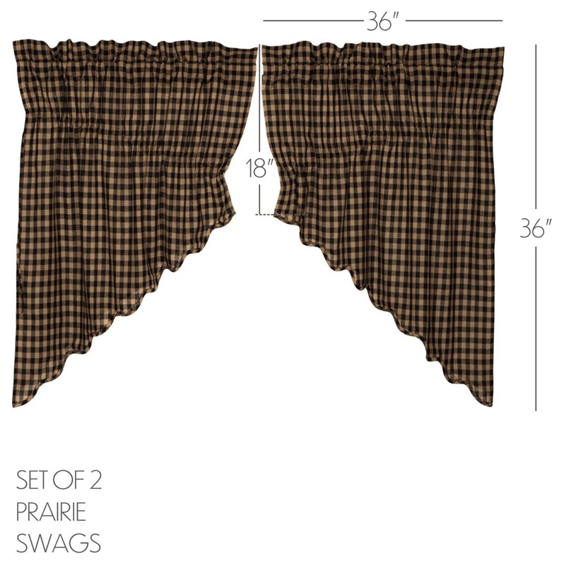 Black & Dark Tan Check Drawstring Prairie Swag Set w/ White Cotton Lining 72" W gallery