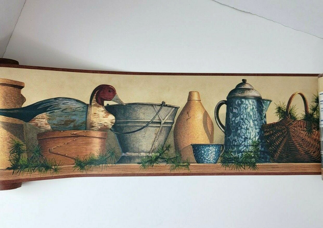 4 Primitive Wood Duck Wallpaper Border Rolls Basket Pine Crock Farmhouse gallery