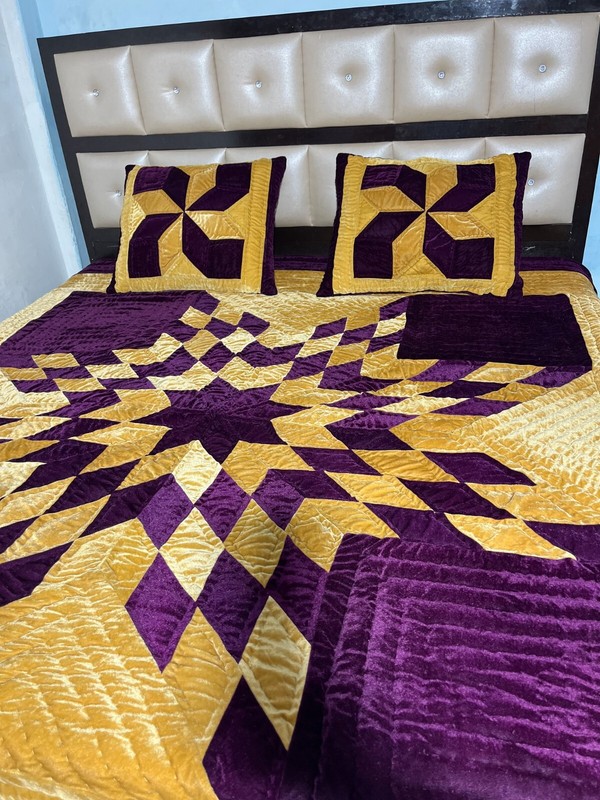 Lightweight Gold &Purple Velvet Warm Comforter Handmade Star Print Quilt Set gallery