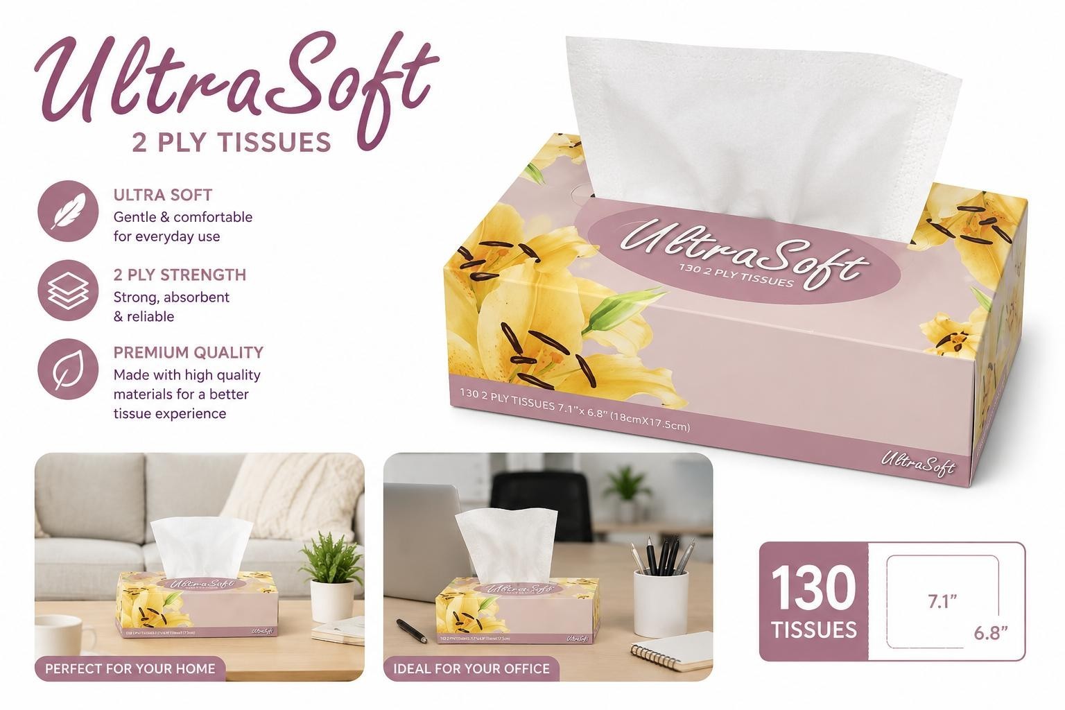 12 Pack 2-Ply Facial Tissues – 12 Boxes of 130 Soft Tissues gallery