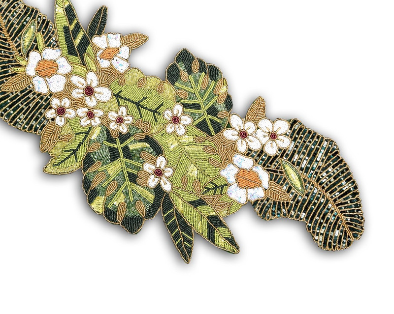 Handmade Beaded Table Runner Green Leaves Table Runner Luxury Tableware 13X36 In gallery