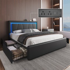 Full Queen Bed Frame with 4 Storage Drawers and Charging&LED Headboard