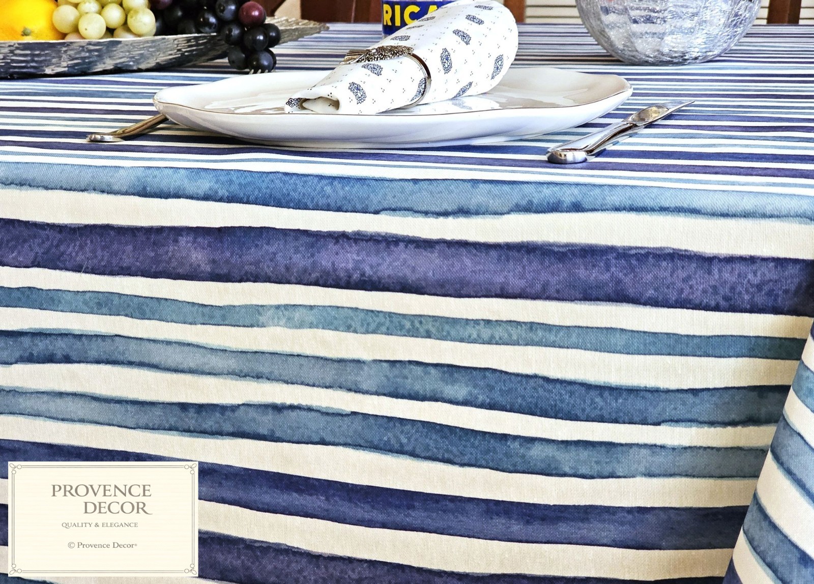 Mistral Blue White 78" X 59" Rectangle Acrylic Coated Wipeable French Tablecloth gallery