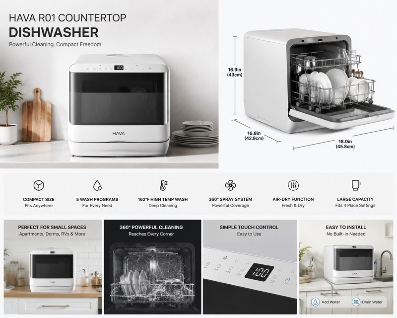 HAVA Compact/Table Top Freestanding Countertop Dishwasher, White/Black, Display gallery
