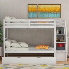 Solid Wood Bunk Bed with Trundle Platform Bed Frames Daybed For Home School Dorm