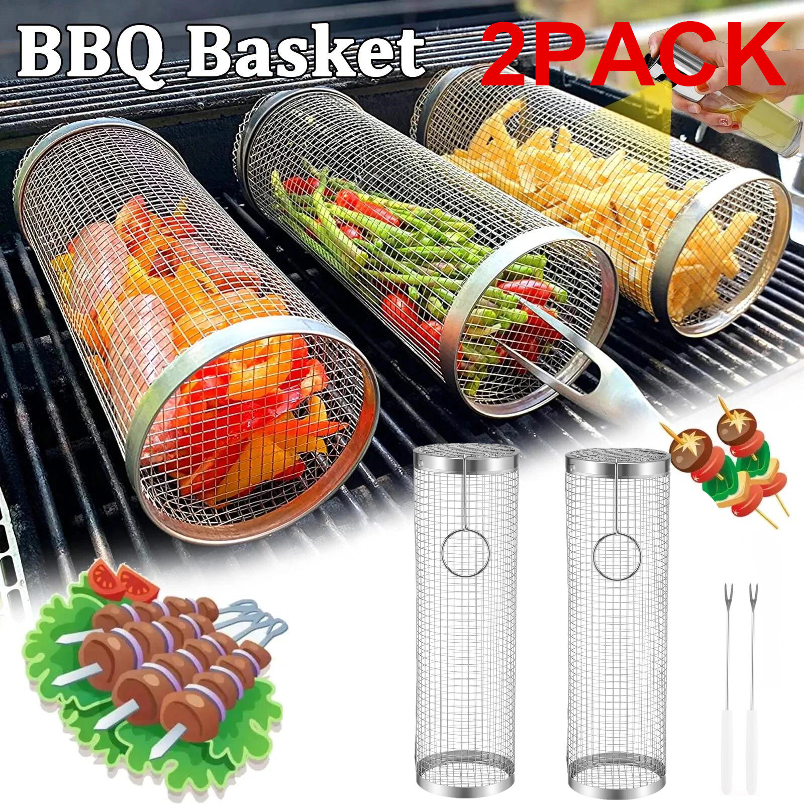 2 Pack Rolling Grilling Basket Stainless Steel For BBQ Grill Outdoor Tools US gallery