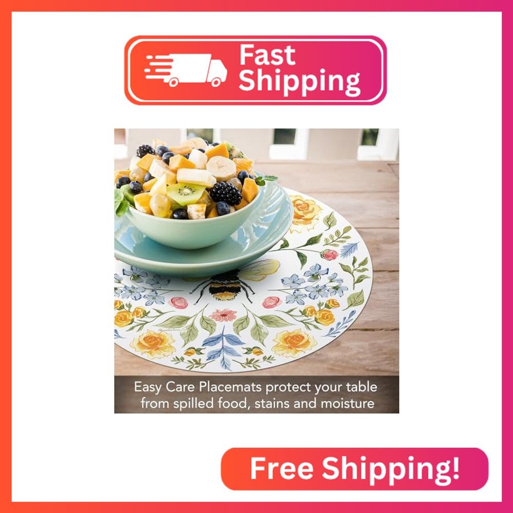 CounterArt Floral Bee 4 Pack Round Reversible Easy Care Flexible Plastic Placema gallery