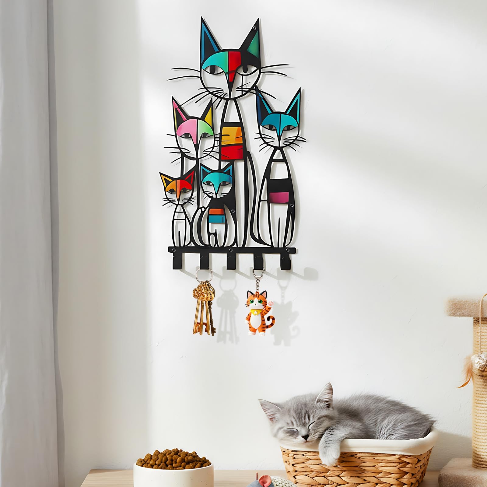 Mid Century Wall Mounted Coat Rack with 5 Hooks Retro Colorful Cat Wall Art D... gallery