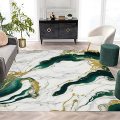 Marble Swirl Modern Abstract Emerald Green Grey Gold Area Rug for Living Room…