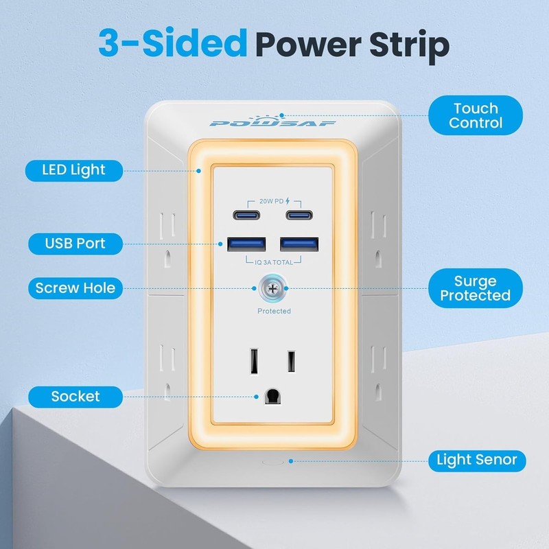 Multi Plug Outlet Surge Protector - POWSAF 5 Outlet Extender with 4 USB Ports(2 gallery