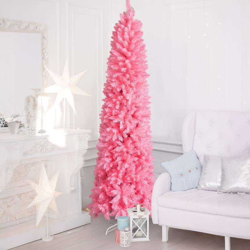 7.5 FT Hinged Christmas Tree, Artificial Pencil Christmas Tree, Pink gallery