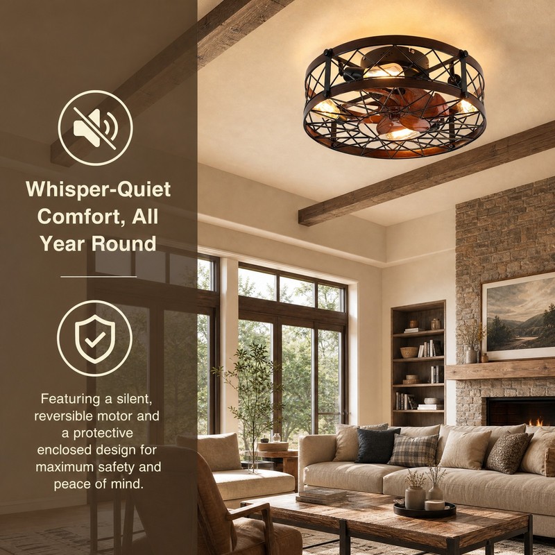 20'' Caged Ceiling Fan with LED Light Rustic Flush Mount Remote Control Black gallery
