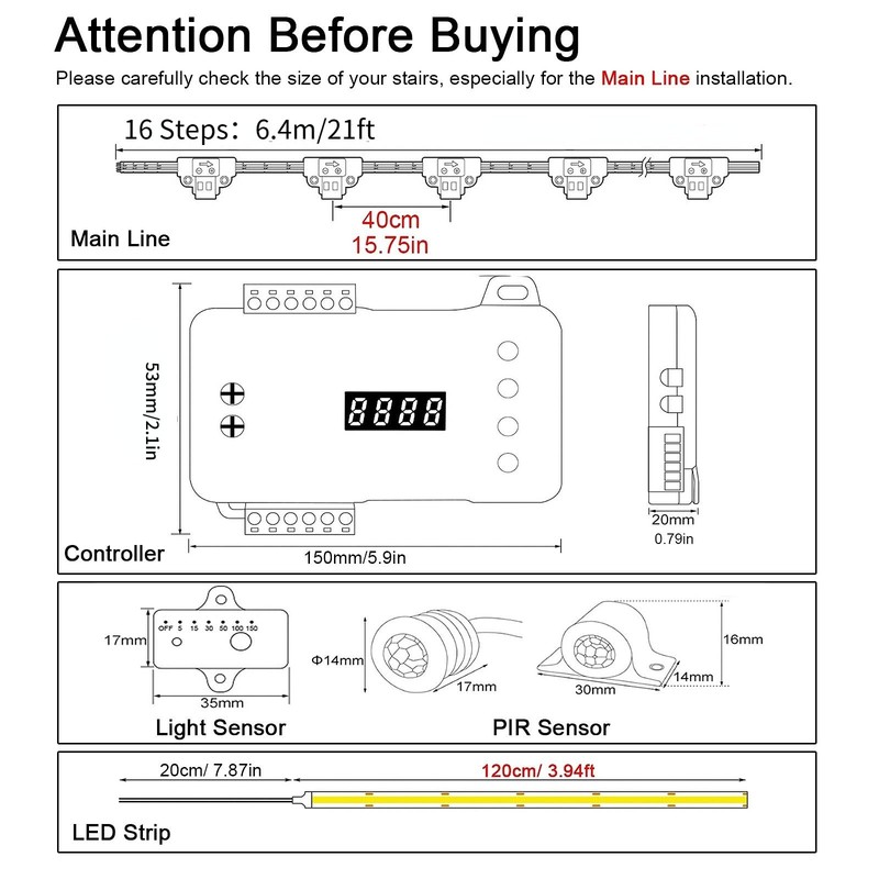 Intelligent Motion Stair Light Kit with Main Wire& Daylight , Step by Step Co... gallery