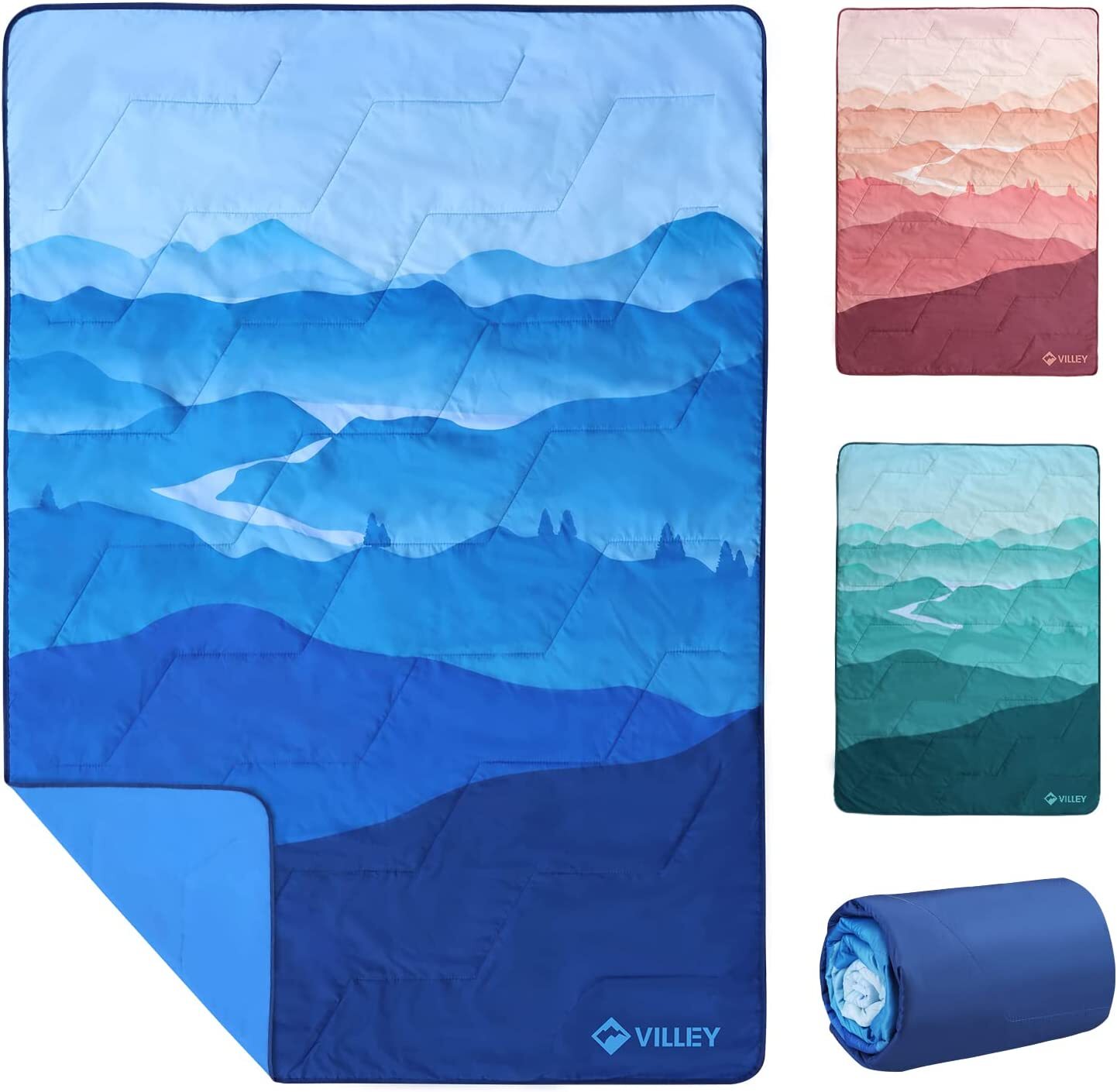 VILLEY 3-Layer Outdoor Camping Blanket Blue/Teal/Brown Camp Mat,Machine Washable gallery