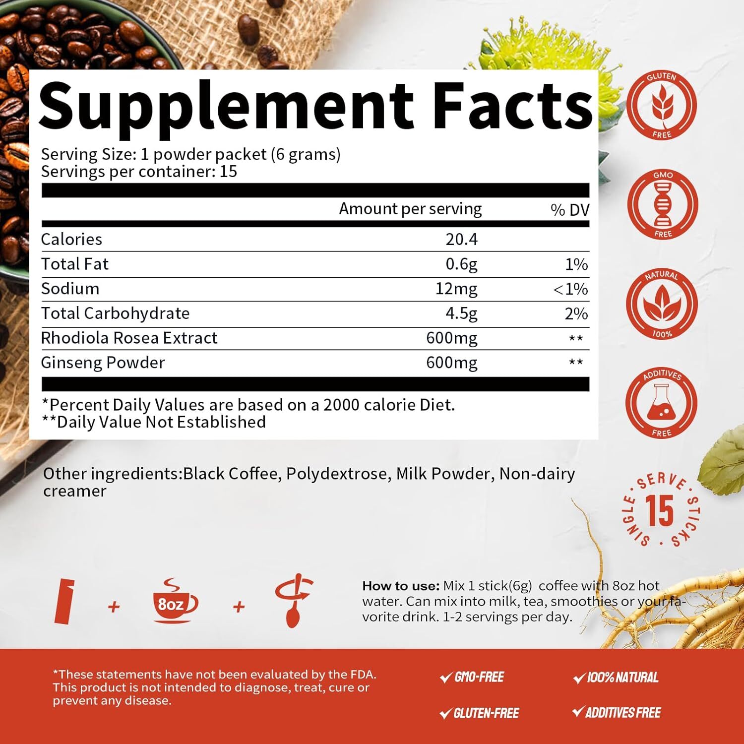 Mutsweet Energizing Instant Coffee, Rhodiola & Ginseng, 15 Packets gallery