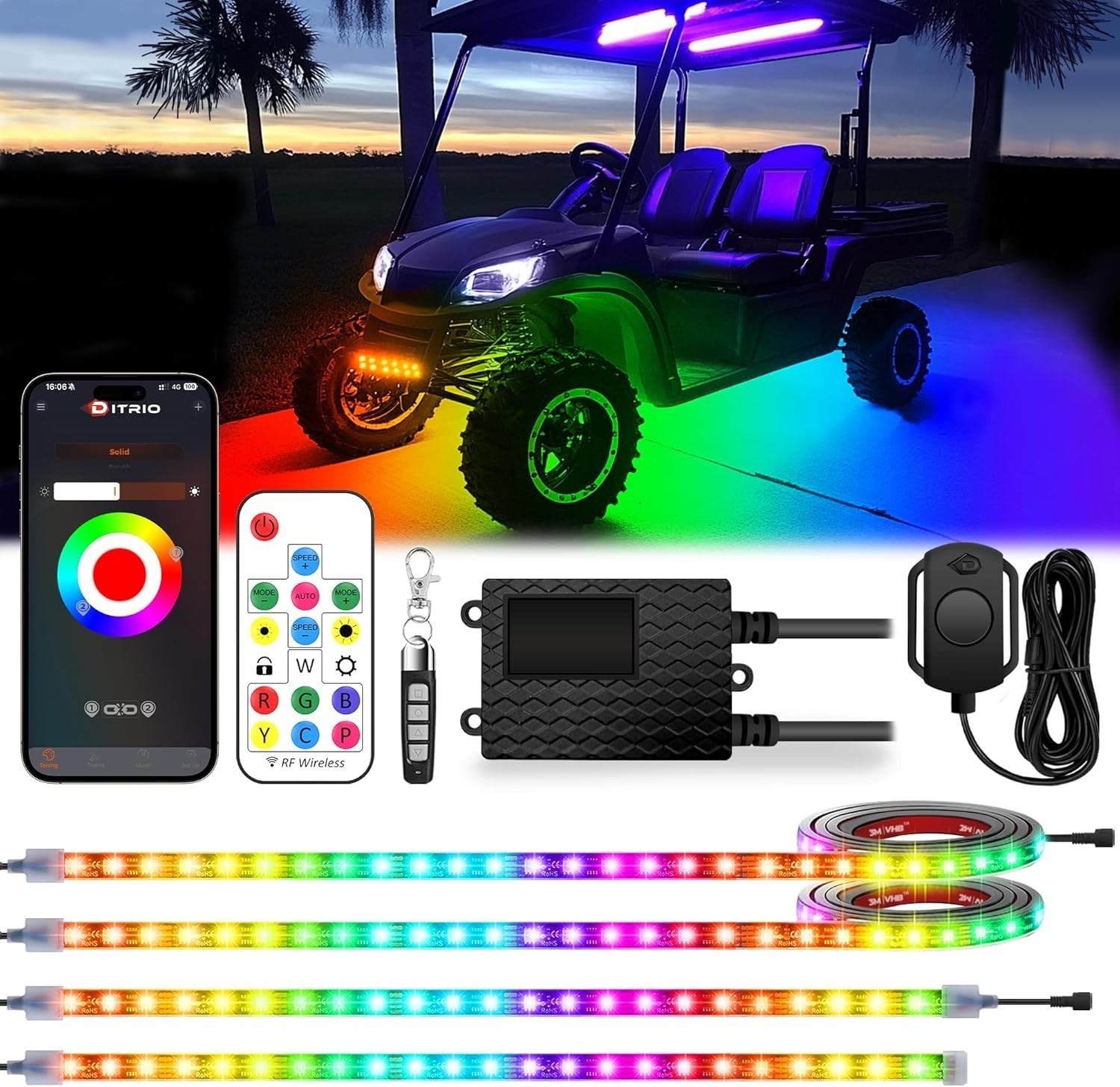 DITRIO RGB LED Underglow Light Kit Waterproof App Control 4 Strip SMD5050 12-72V gallery