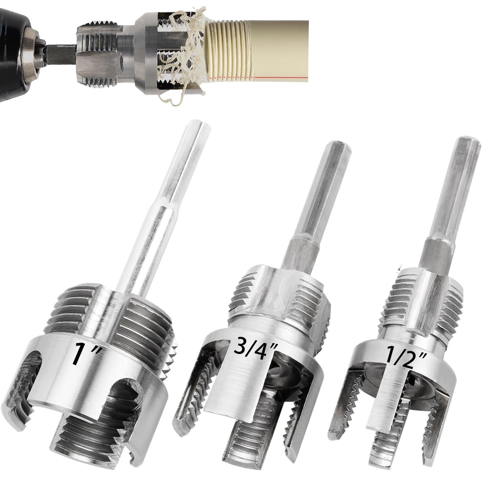 3PCS PVC Pipe Threader Kit 1/2 3/4 1 Inch NPT Drill Compatible Threading Tool gallery