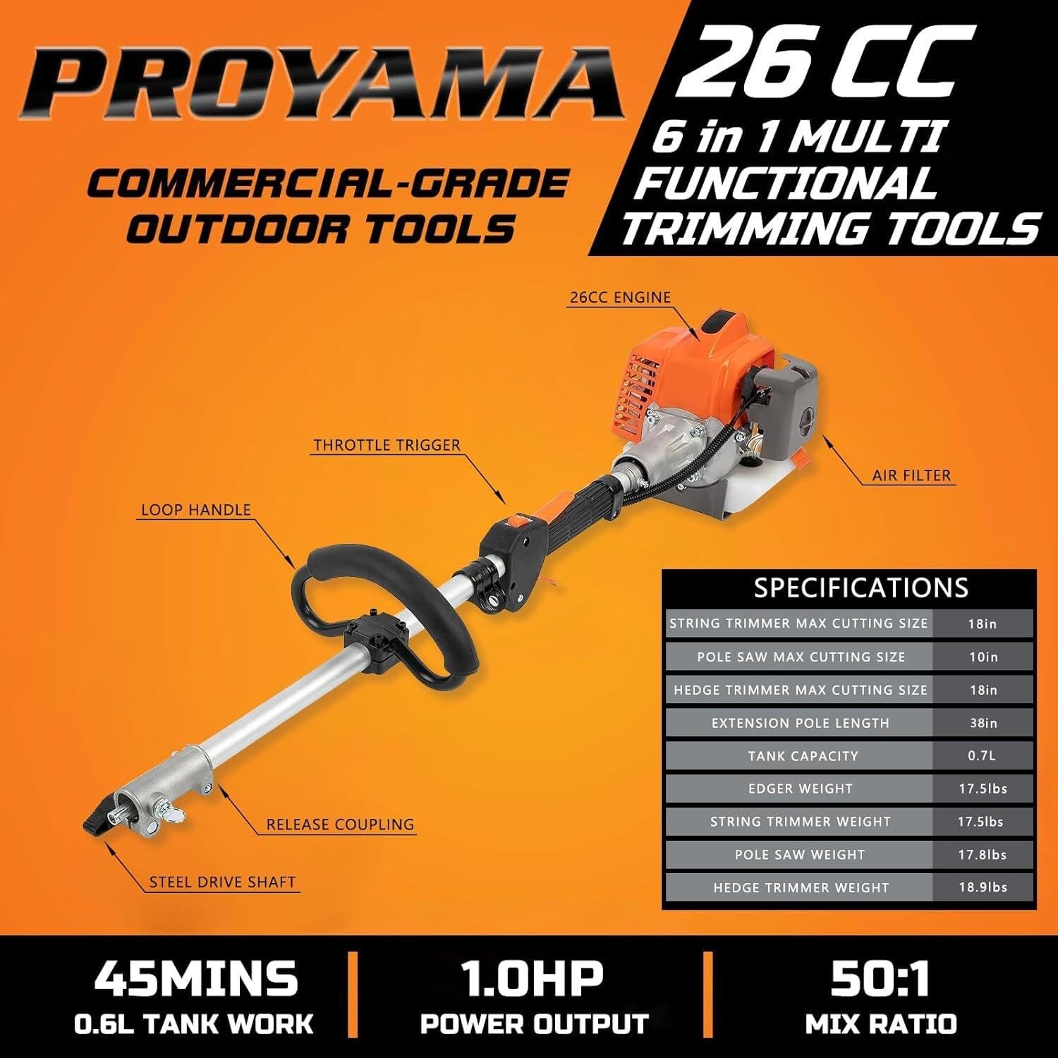 6in1 Gas Powered Combo Kit 26CC Hedge Trimmer Weed Eater Edger Orange PROYAMA gallery