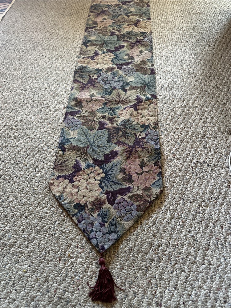 Fall Tapestry Table Runner Grapes & Leaves Burgundy Tassels 78” x 12 3/4” Estate