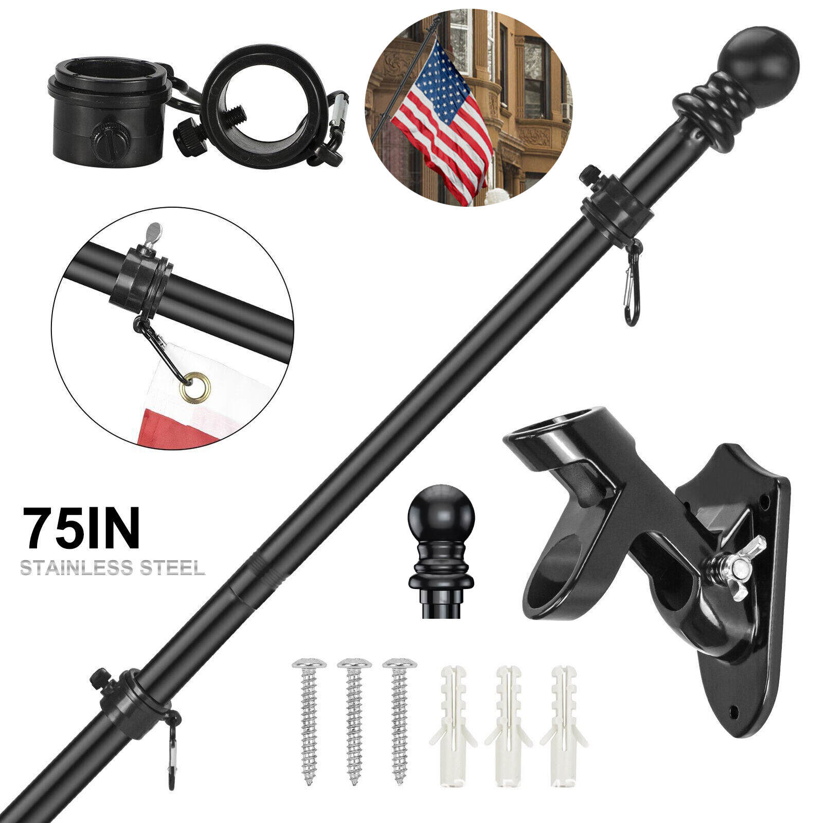 6FT Flag Pole Kit Heavy Duty Bracket Metal Pole With 2 Rotating Ring Home Garden gallery