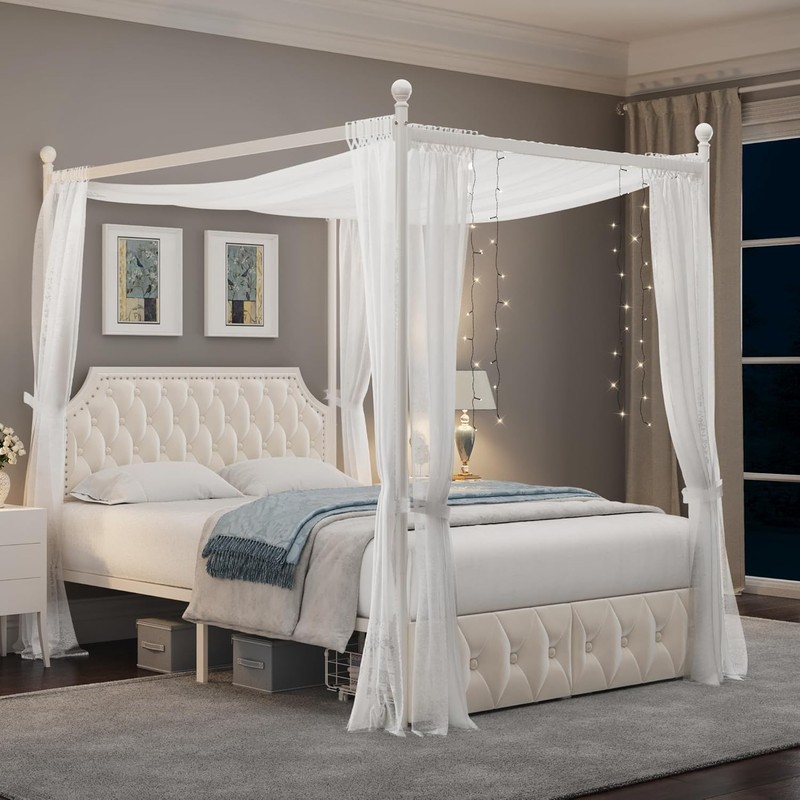 Queen Upholstered Canopy Bed Frame with 2 Drawers and Button Tufted Headboard... gallery