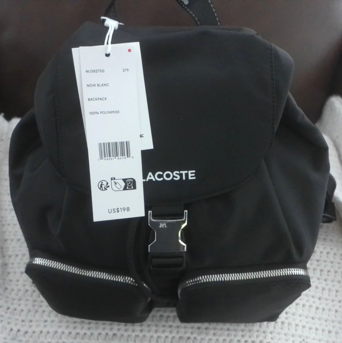 LACOSTE UNISEX BLACK BACKPACK with 2 FRONT POCKETS