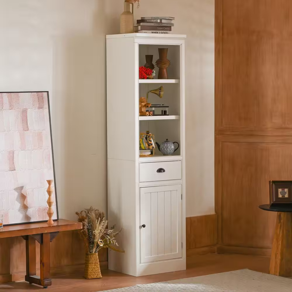 Retro Style White 75 In. Tall Storage Cabinet with 3-Display Shelves with Cabine gallery