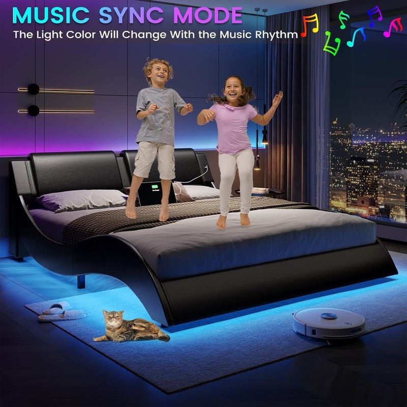 Queen Bed Frame with Led Lights,Charging Ports,Faux Leather Upholstered Beds gallery