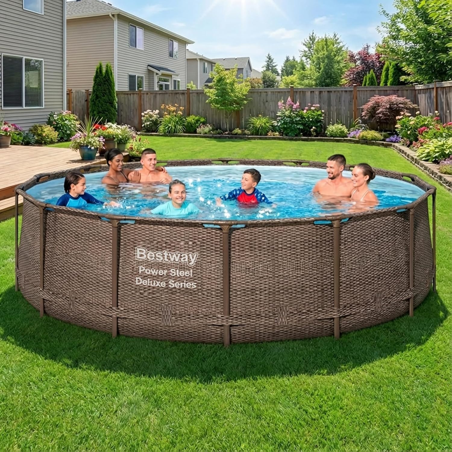 Above Ground Pool, 14'x42" Round Power Steel w/ Pump, Ladder & Cover, Brown gallery