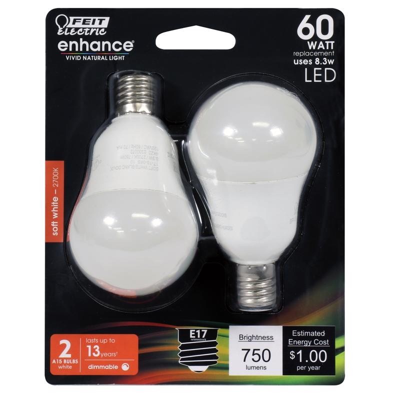 Feit Enhance A15 E17 (Intermediate) LED Bulb Soft White 60 Watt Equivalence 2 pk gallery