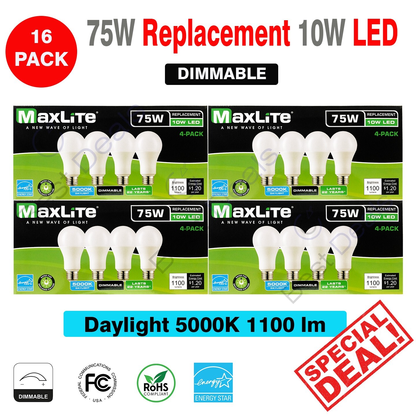 16 Pack Maxlite Dimmable LED 10W Daylight Light Bulb A19 75W replacement 5000K gallery