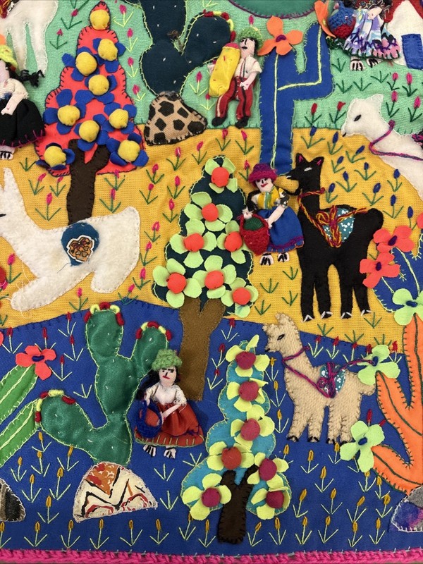Handmade Peruvian Arpillera 3D Applique Wall Hanging 18x19 Andean Village Scene gallery