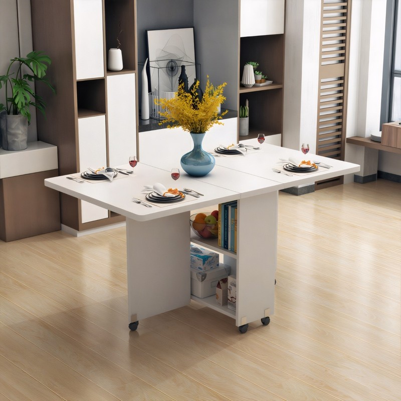 Folding Wheeled Drop Leaf Table with Storage, Space Saving Dining Table, White gallery
