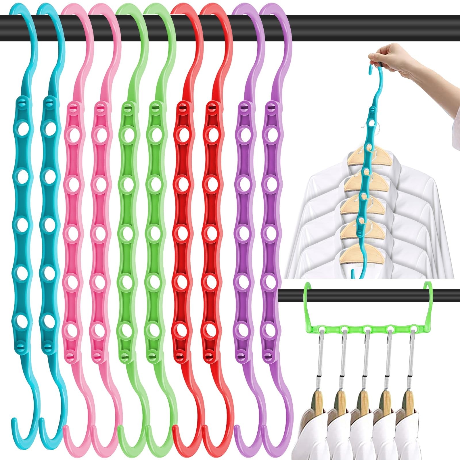10 PCS Space Saving Hangers, 5-Hole Magic Hangers - Sturdy Plastic Hanger, Close gallery