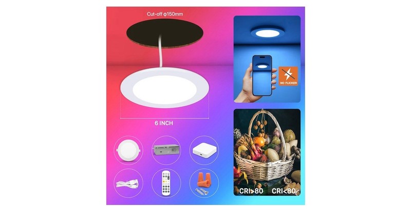 12Pack Smart RGB Recessed Light 6Inch,Ultra-Thin Canless LED Downlight,2.4GHz... gallery