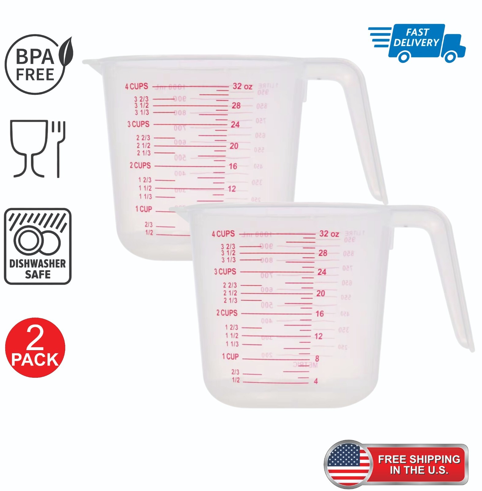 Large 4-Cup Capacity Clear Plastic Measuring Cups 2 PACK gallery