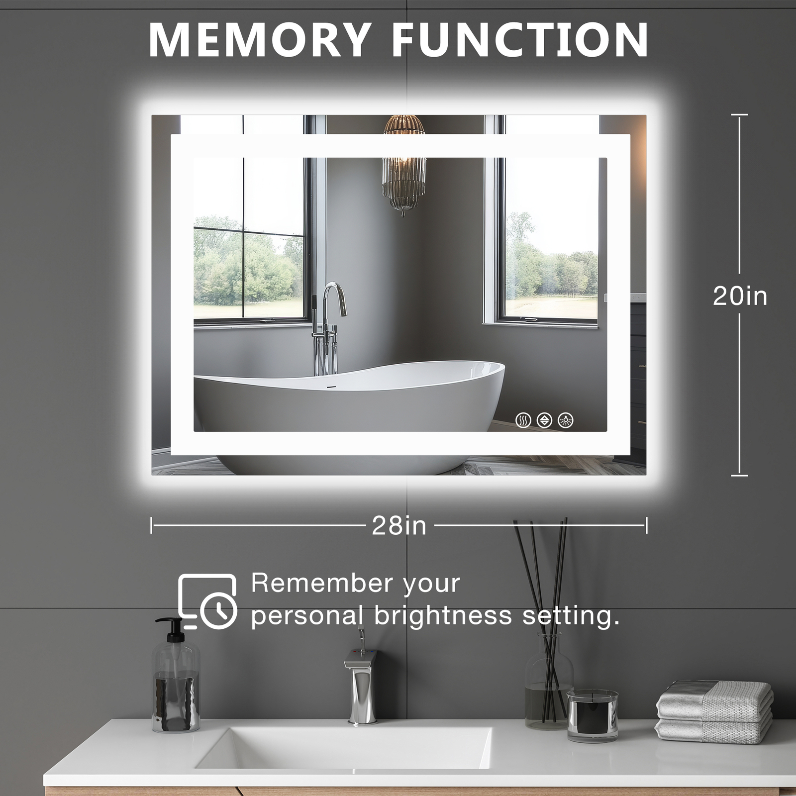 28“x20" LED Light Bathroom Wall Vanity Mirror Anti-Fog Dimmable Rectangle Mirror gallery