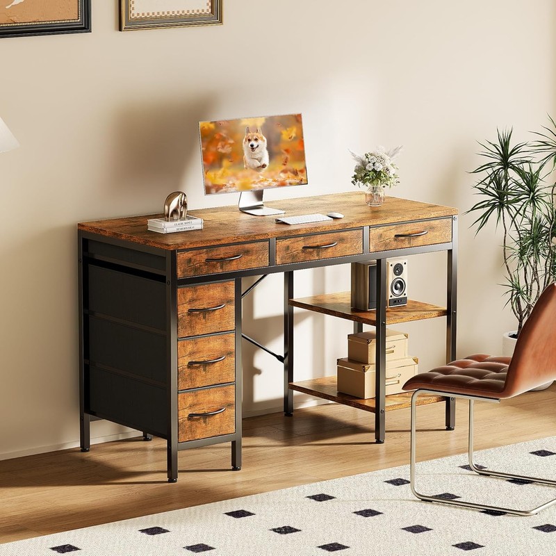 47-55" Computer Desk with 6 Drawers Home Office Gaming Desk with Storage Shelves gallery