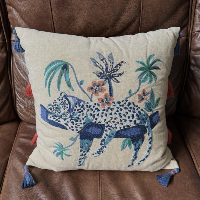 Opalhouse Embroidered Blue Leopard Throw Pillow Linen Tassels Palm Trees Jungle gallery