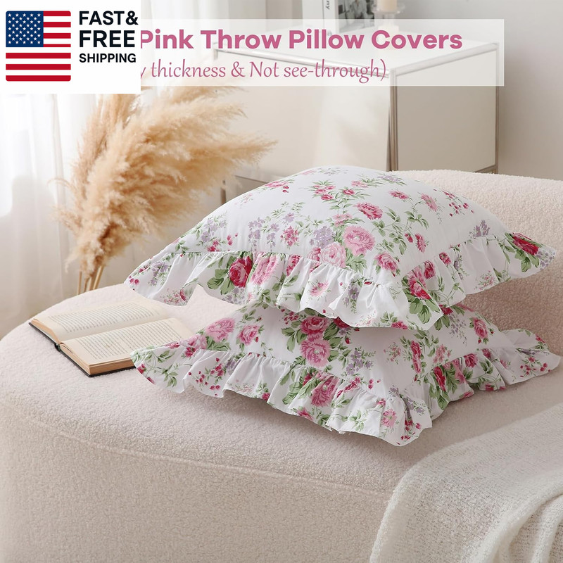 2 Pack Floral Ruffle Throw Pillow Covers 18X18 Inches, 100% Cotton French Countr gallery