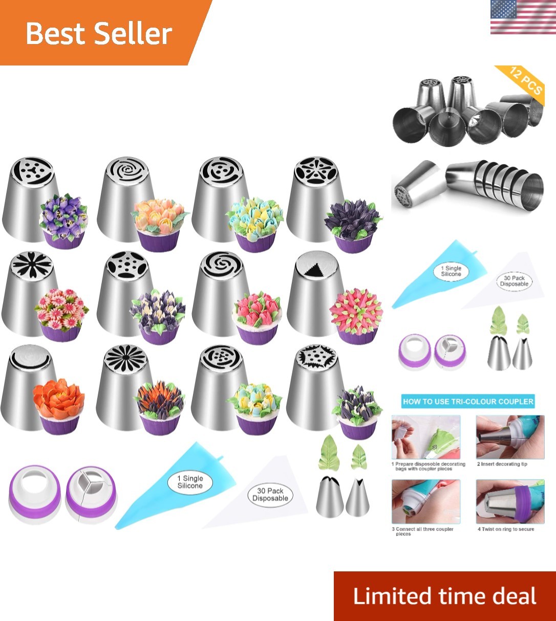 47 Pcs Russian Piping Tips Set, 12 Flower Frosting Nozzles Icing Tips for Cake D gallery
