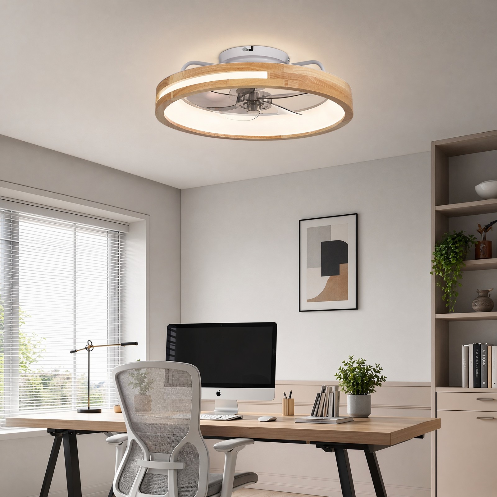 20 inch Flush Mount Modern White Wood Ceiling Fan APP Remote Control with Light gallery