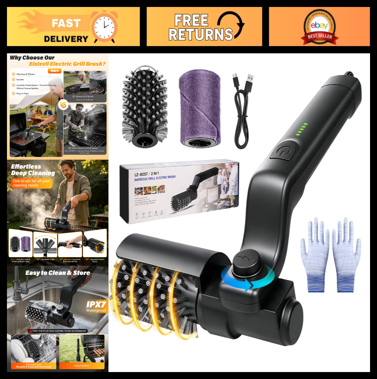 Cordless Electric Grill Brush - Rechargeable BBQ Cleaner, 180-Min Runtime, 3 Spe gallery