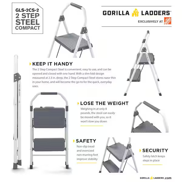 2-Step Compact Steel Step Stool, 225 Lbs. Load Capacity Type II Duty Rating gallery
