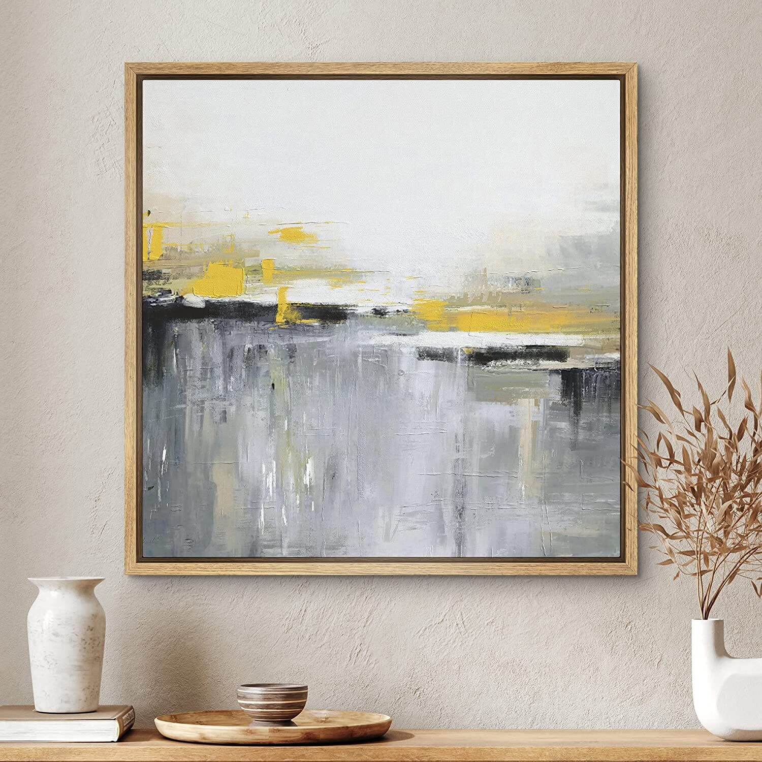 Gray Yellow BLack White Abstract Wall Art Framed Canvas Print gallery