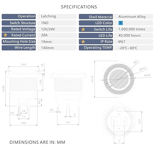 LED Latching Aluminum Push Button Switch2-24V DC 20ANO On Off with 19mm 1 Blue gallery