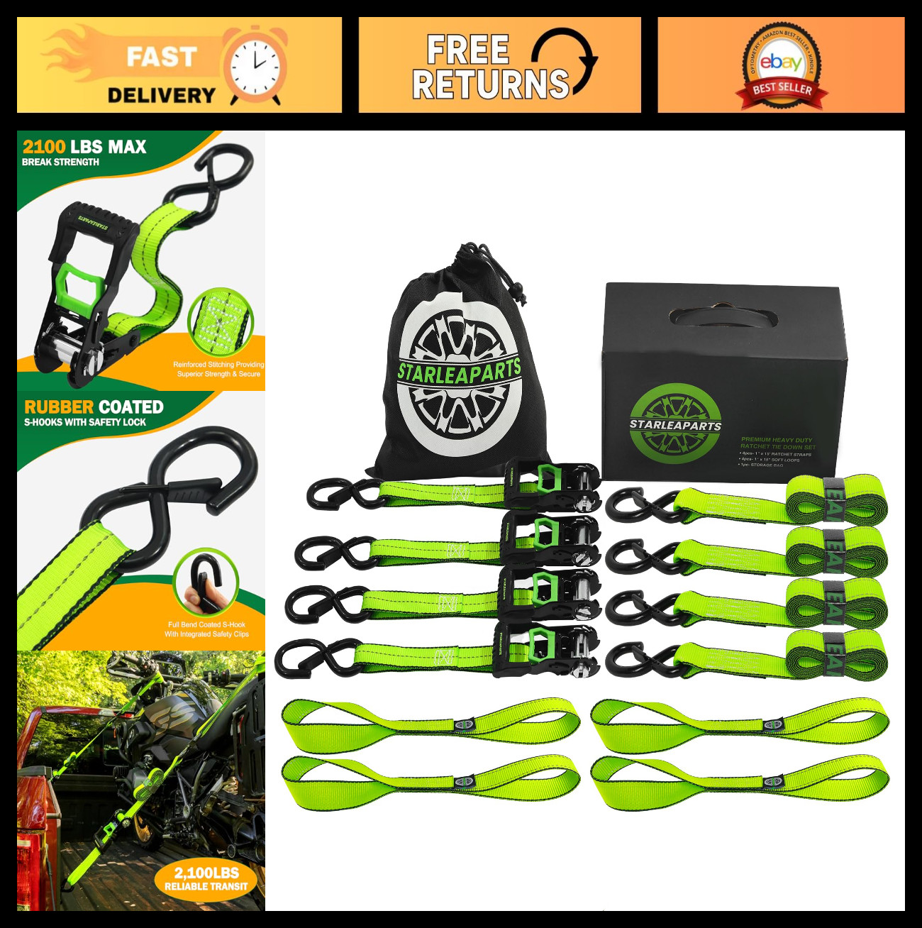 Premium 15ft Motorcycle Tie Down Straps (4PK) - 2,100lb Break Strength, Soft Loo gallery