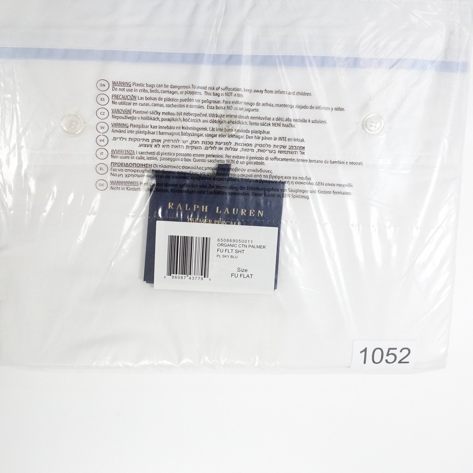 New Ralph Lauren Organic Cotton Percale Palmer Full Flat Sheet White/Sky Blue gallery