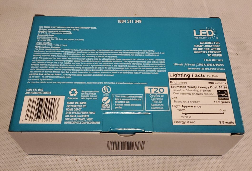 Ecosmart LED 60w Replacement Dimmable Bulb A9A19A60WT20C04 4 Pack E345327 gallery